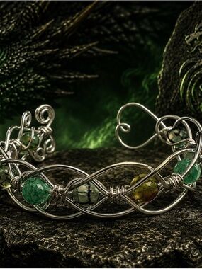 Silver Braided Bracelet with Green Dragon Vein Beads